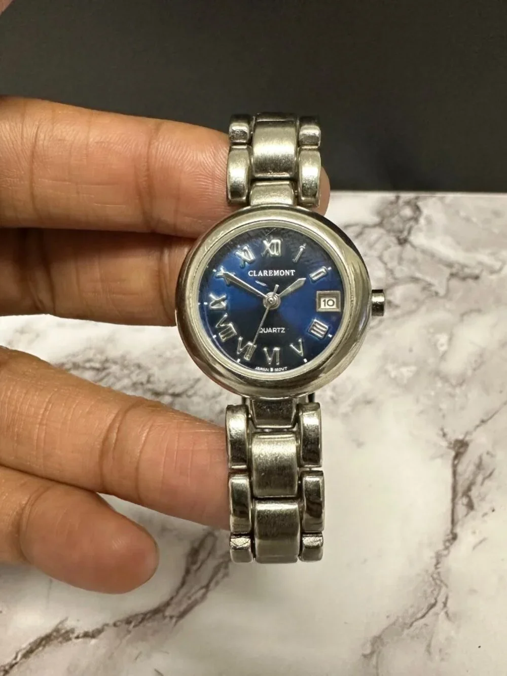 3/$30 Claremont Watch Women Silver Tone Blue Dial Date Window 24MM Round